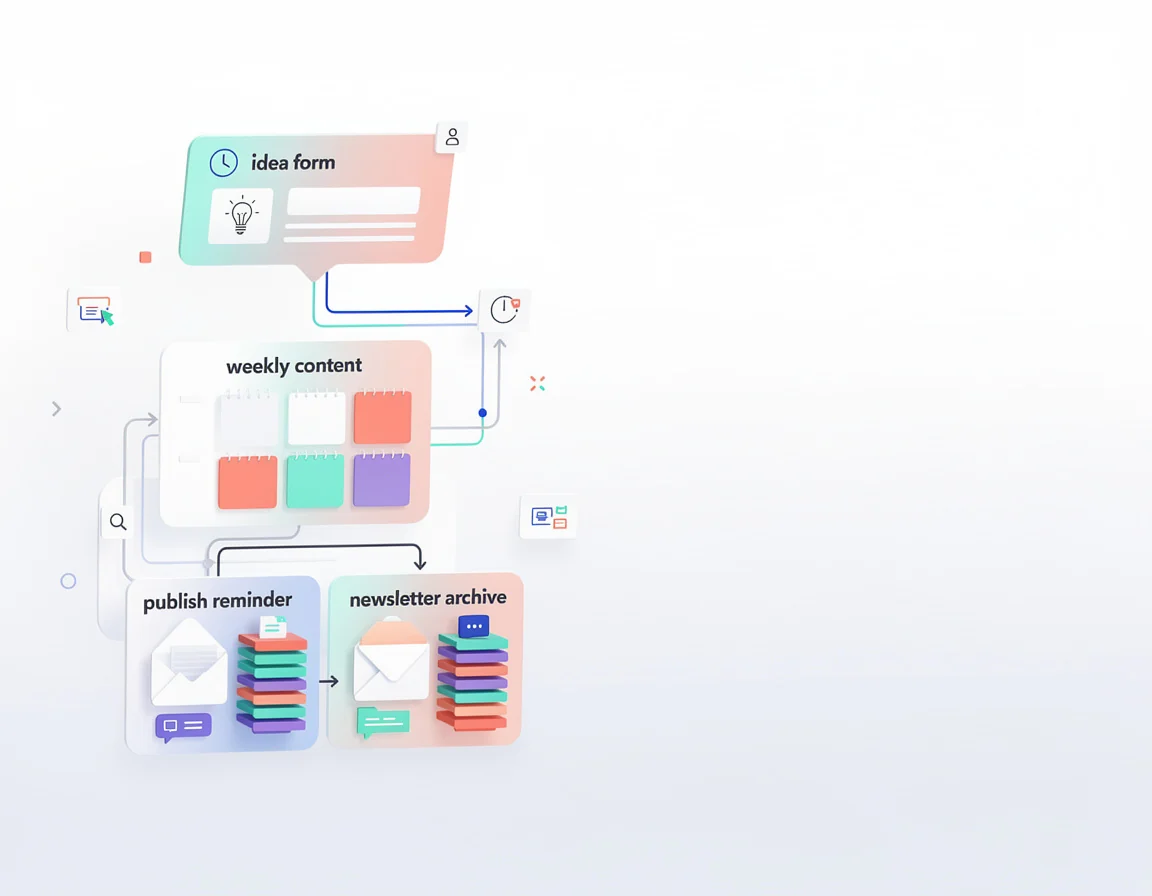 Workflow automation no code untuk konten mingguan dengan form ide. reminder publish. dan arsip newsletter