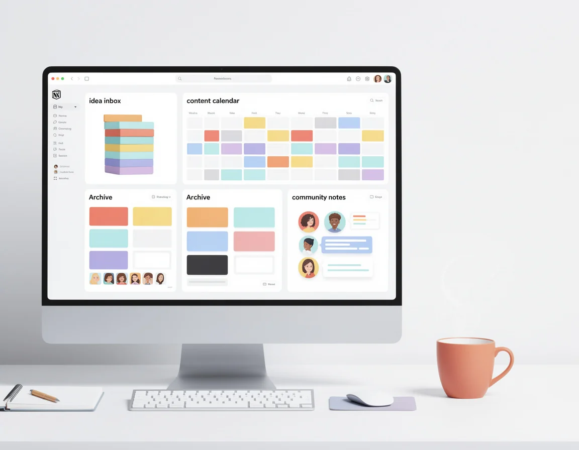 Dashboard creator operating system di Notion dengan inbox ide. kalender konten. arsip. dan catatan komunitas